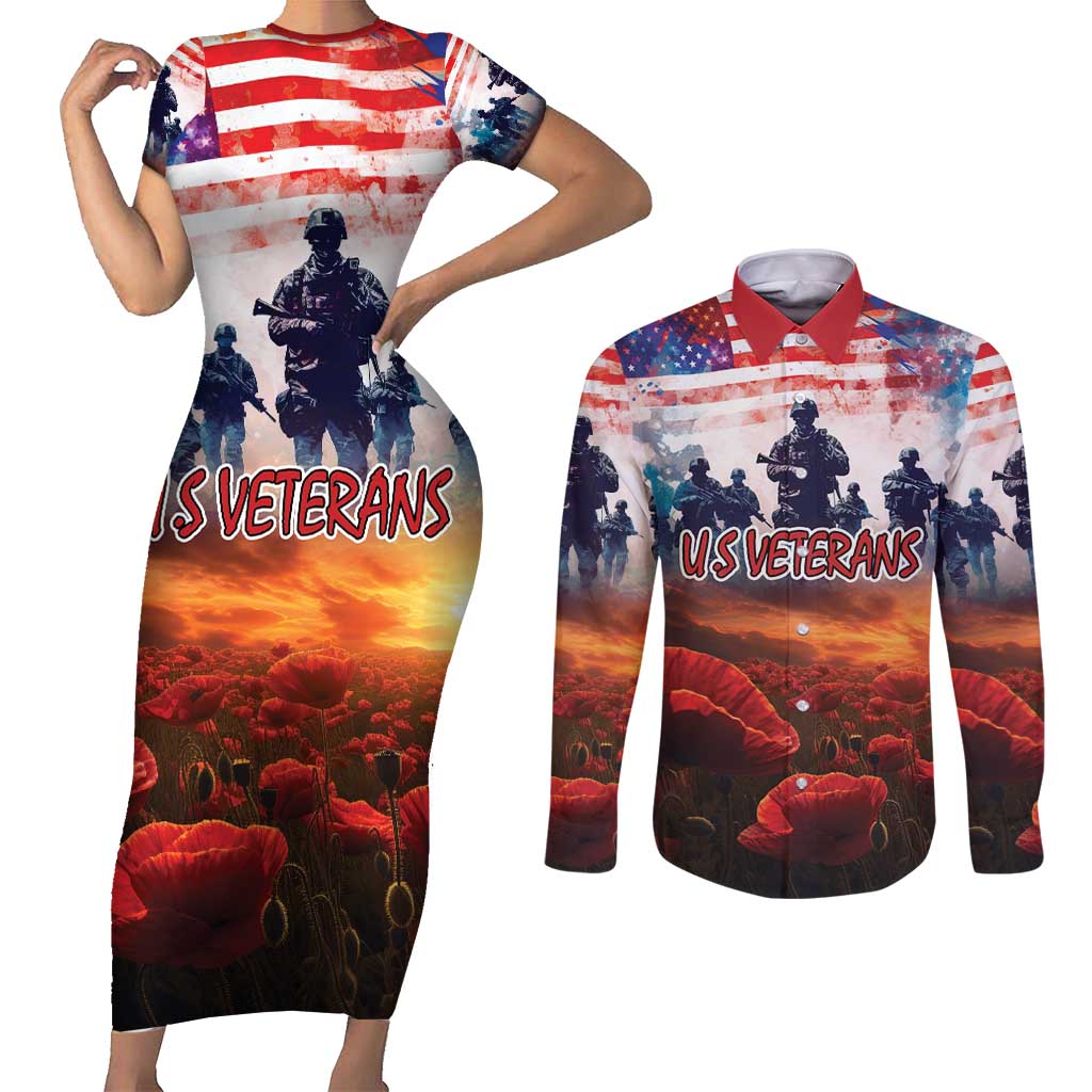 USA Veterans Day Couples Matching Short Sleeve Bodycon Dress and Long Sleeve Button Shirt All Gave Some With Poppy Patterns - Wonder Print Shop