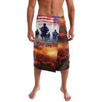 Patriotic lavalava sarong with red, blue flag band and soldier/poppy graphic