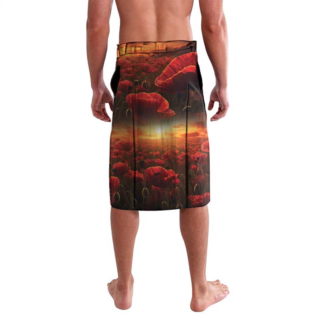 Lavalava sarong with sunset red–black base, soldier silhouettes and poppy graphics