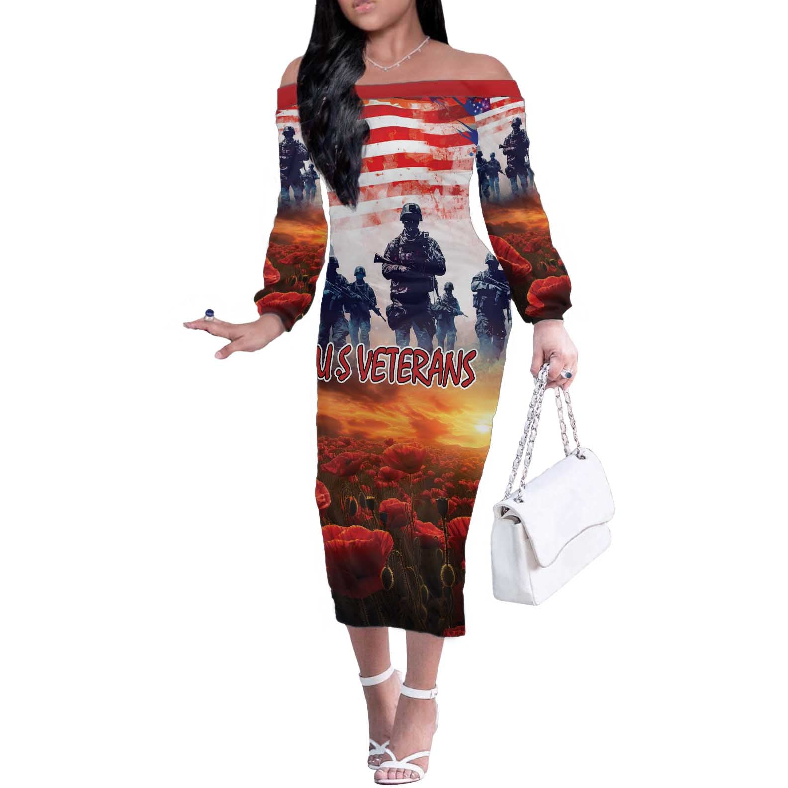 USA Veterans Day Off The Shoulder Long Sleeve Dress All Gave Some With Poppy Patterns