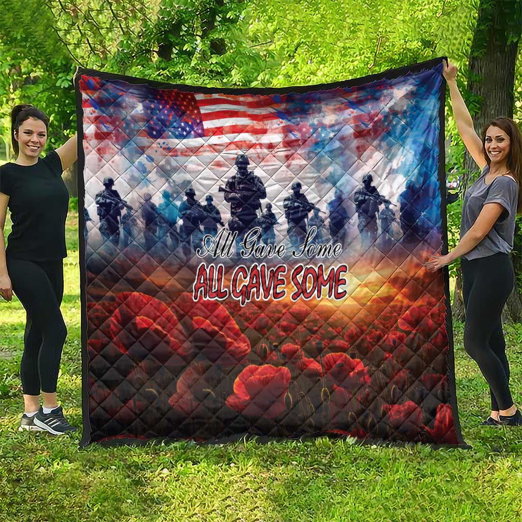 Patriotic quilt with US flag, soldier silhouettes, red poppies, and scripted text