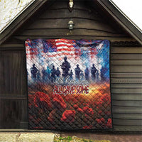 Quilt hanging on a wooden wall with US flag watercolor, soldier silhouettes, red poppies