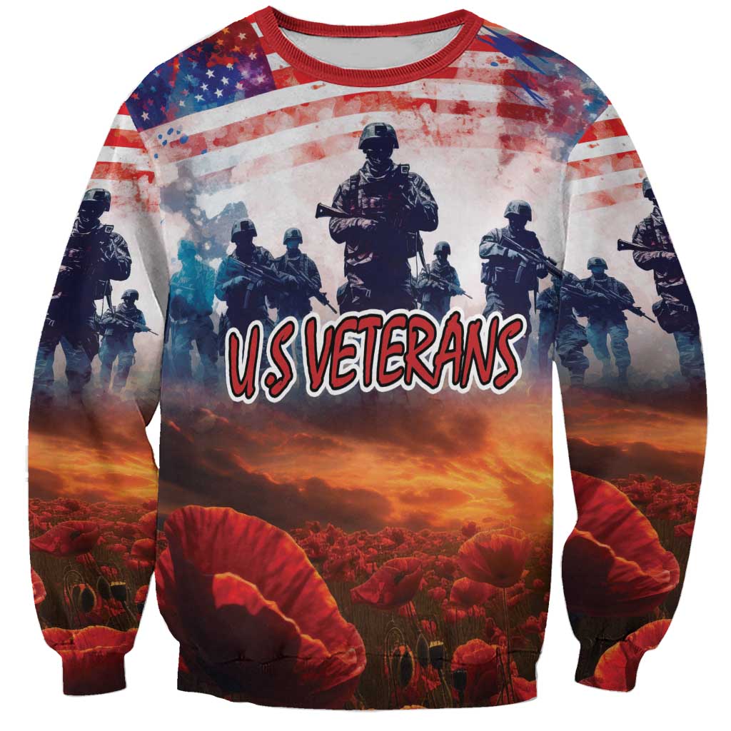 Unisex crewneck sweatshirt with flag and soldiers graphic, US VETERANS text