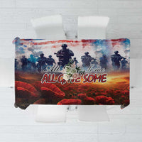 Veterans Day tablecloth with soldier silhouettes and “All Gave Some” text over red poppies