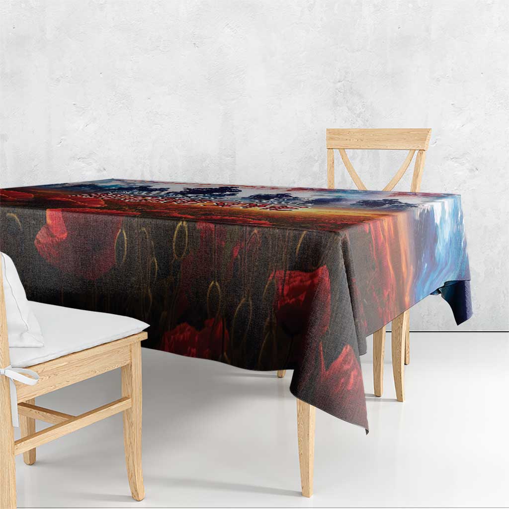Veterans Day tablecloth with red poppy pattern and multicolor patriotic landscape print