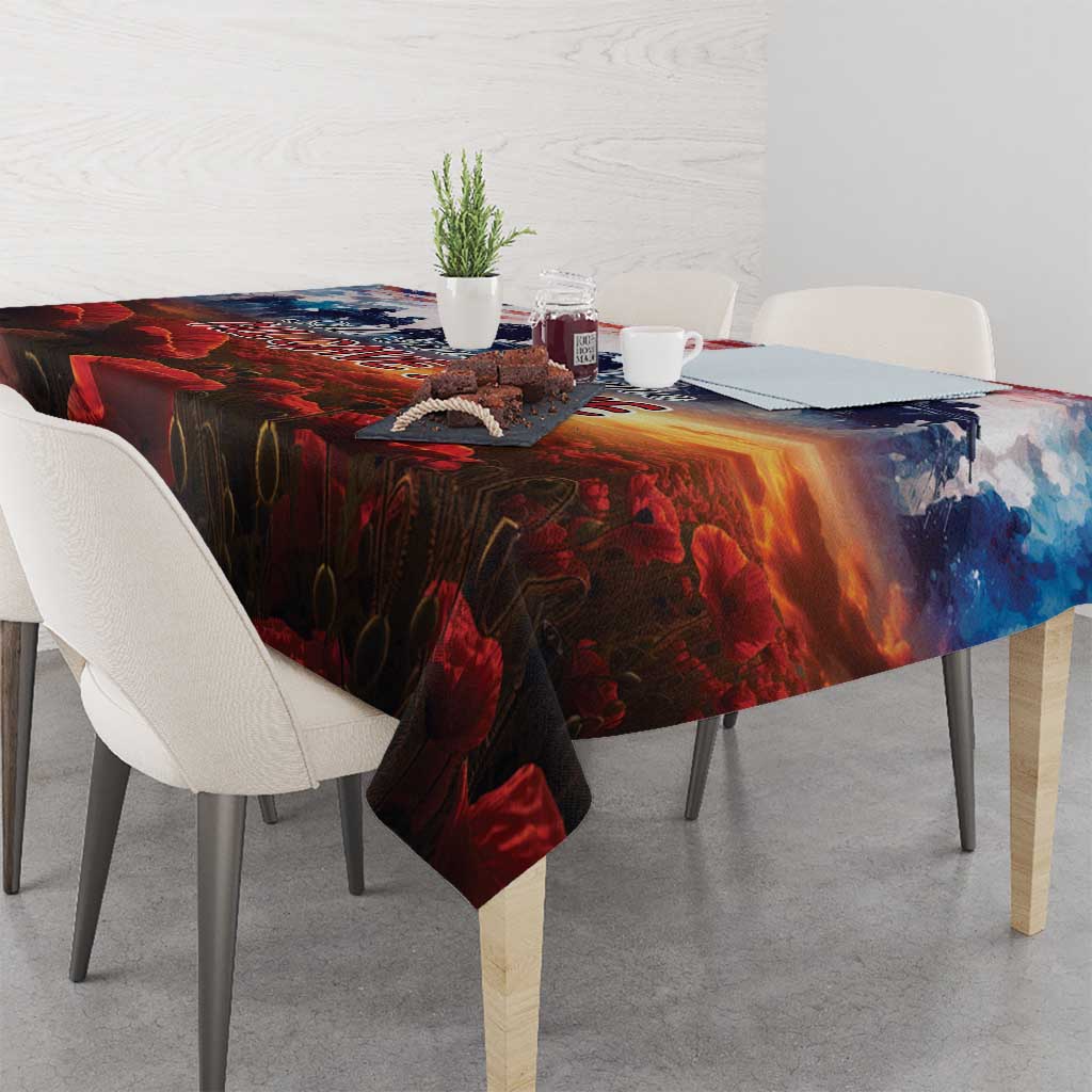 Veterans Day tablecloth draped over dining table with red poppy and patriotic scene print
