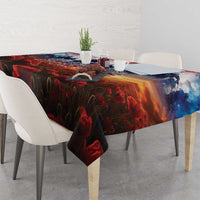 Veterans Day tablecloth draped over dining table with red poppy and patriotic scene print