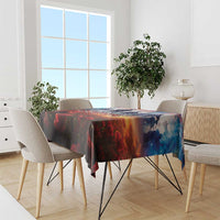 Veterans Day tablecloth on dining table with red poppies and blue-red patriotic landscape print