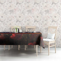 Veterans Day tablecloth on rectangular table with red poppy and multicolor patriotic scene print