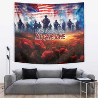 USA veterans tapestry with American flag, soldier silhouettes, and red poppies text