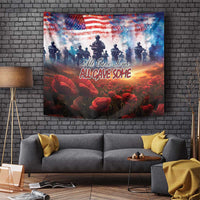 USA veterans tapestry on wall with American flag, soldier silhouettes, and red poppies