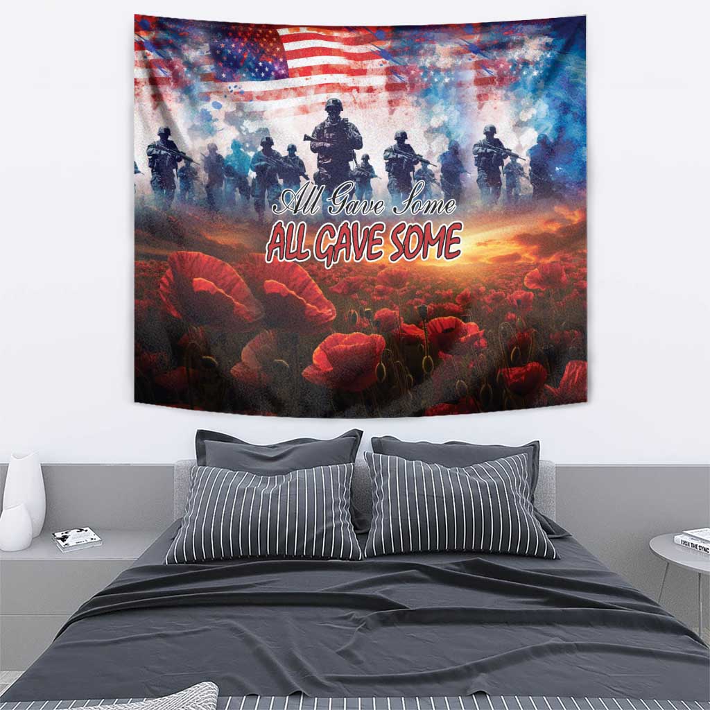 USA veterans tapestry on wall above bed with American flag, soldier silhouettes, red poppies