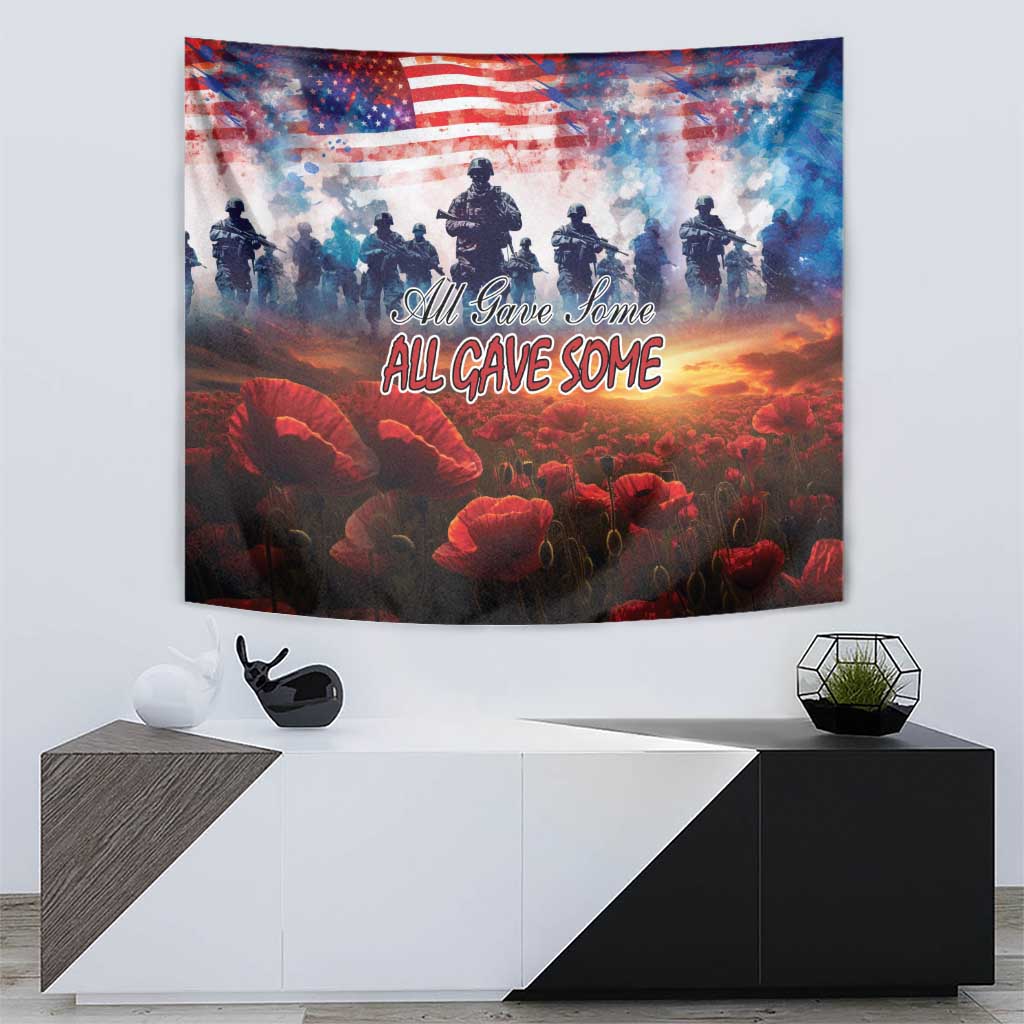 USA veterans tapestry on wall with American flag, soldier silhouettes, and red poppies