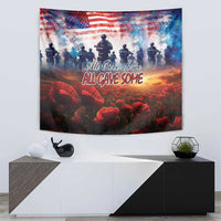 USA veterans tapestry on wall with American flag, soldier silhouettes, and red poppies
