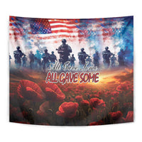 USA veterans tapestry close-up with American flag, soldier silhouettes, red poppies and text