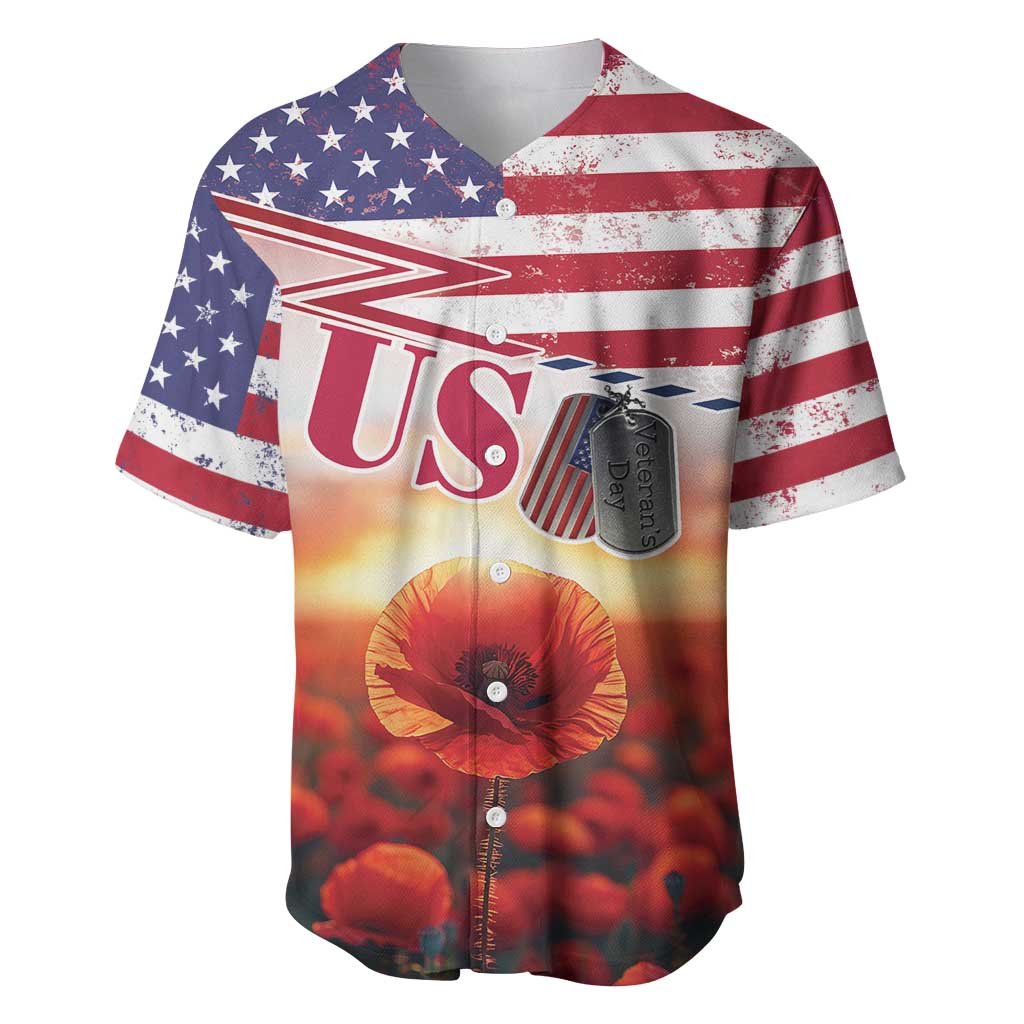 USA Veterans Day Baseball Jersey Poppy Flowers With Flag Grunge - Wonder Print Shop