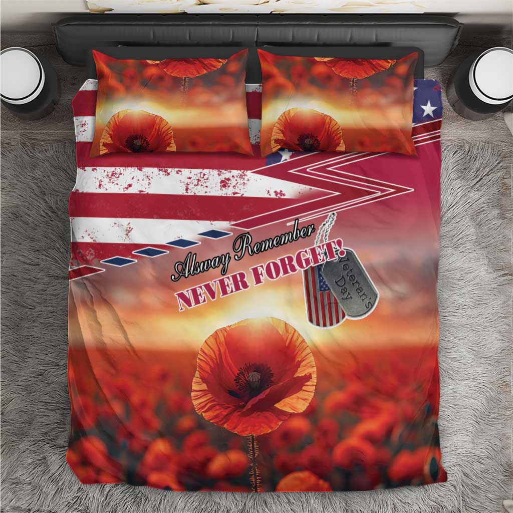 Red poppy-themed duvet with two matching pillowcases, American flag stripes and blue star panel