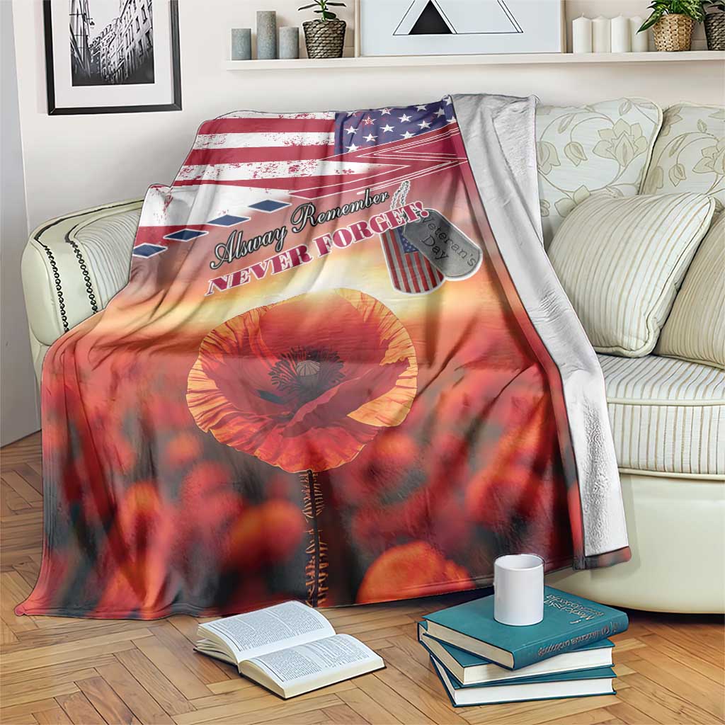 USA Veterans Day blanket with red poppy flower and American flag grunge print, draped on sofa