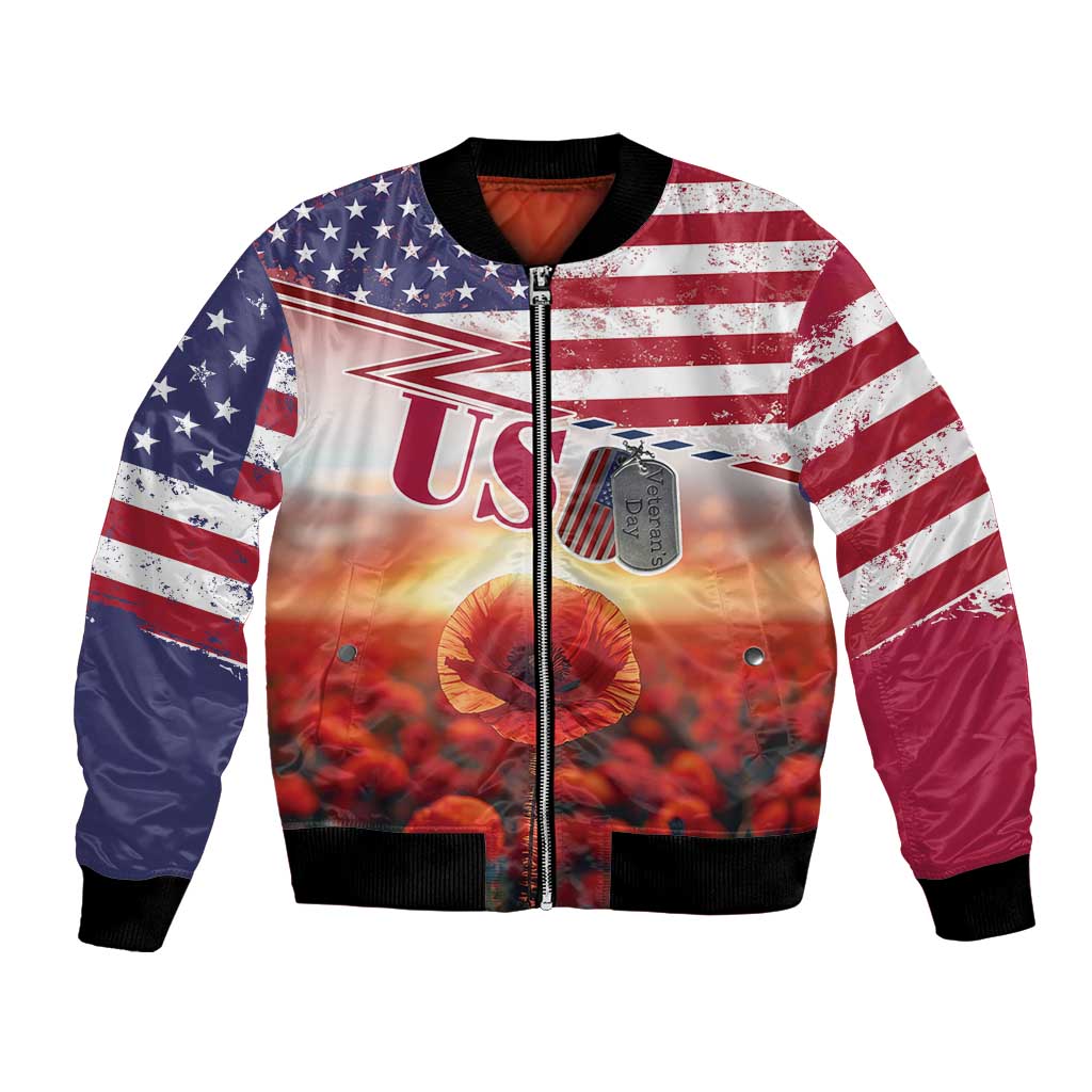 USA Veterans Day Bomber Jacket Poppy Flowers With Flag Grunge - Wonder Print Shop