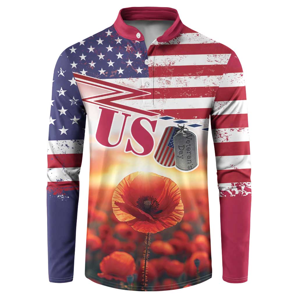 Men's button sweatshirt in red, white, and navy with poppy flower and flag graphic