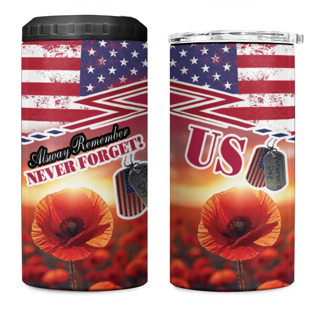 USA Veterans Day 4 in 1 Can Cooler Tumbler Poppy Flowers With Flag Grunge - Wonder Print Shop