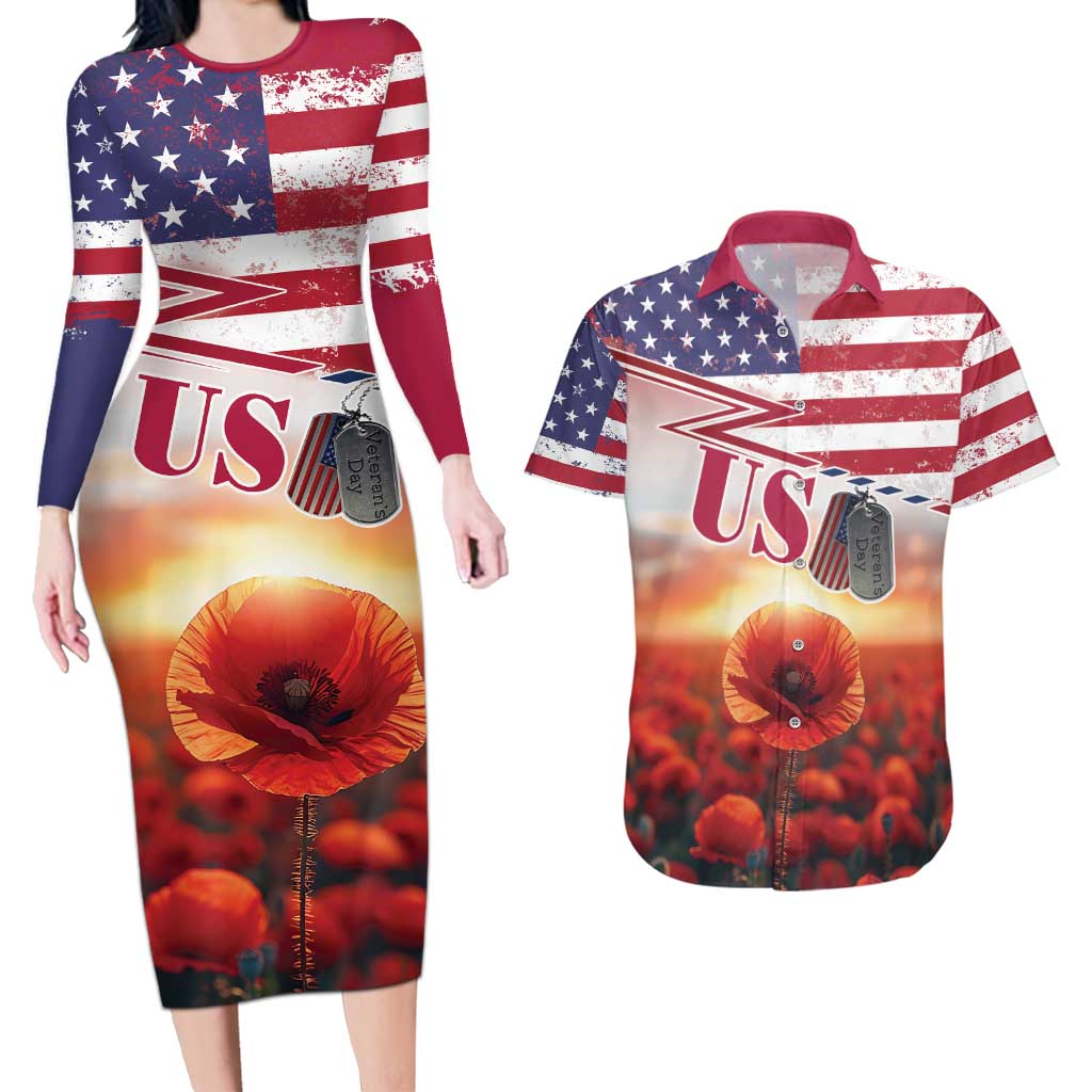 USA Veterans Day Couples Matching Long Sleeve Bodycon Dress and Hawaiian Shirt Poppy Flowers With Flag Grunge - Wonder Print Shop