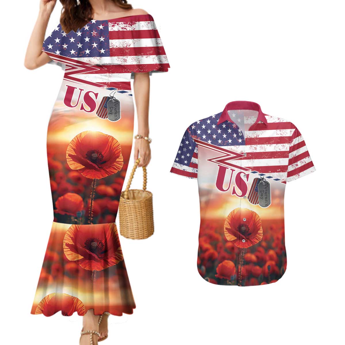 USA Veterans Day Couples Matching Mermaid Dress and Hawaiian Shirt Poppy Flowers With Flag Grunge - Wonder Print Shop