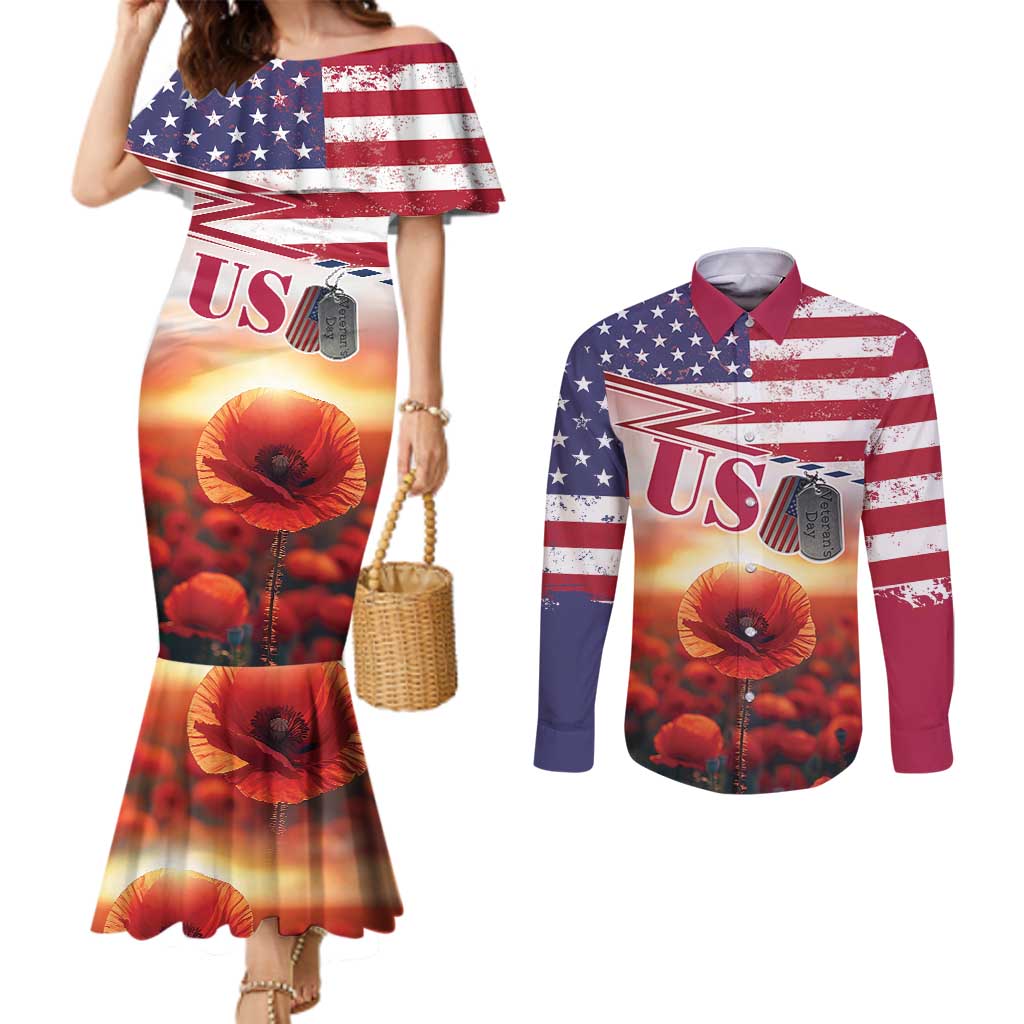 USA Veterans Day Couples Matching Mermaid Dress and Long Sleeve Button Shirt Poppy Flowers With Flag Grunge