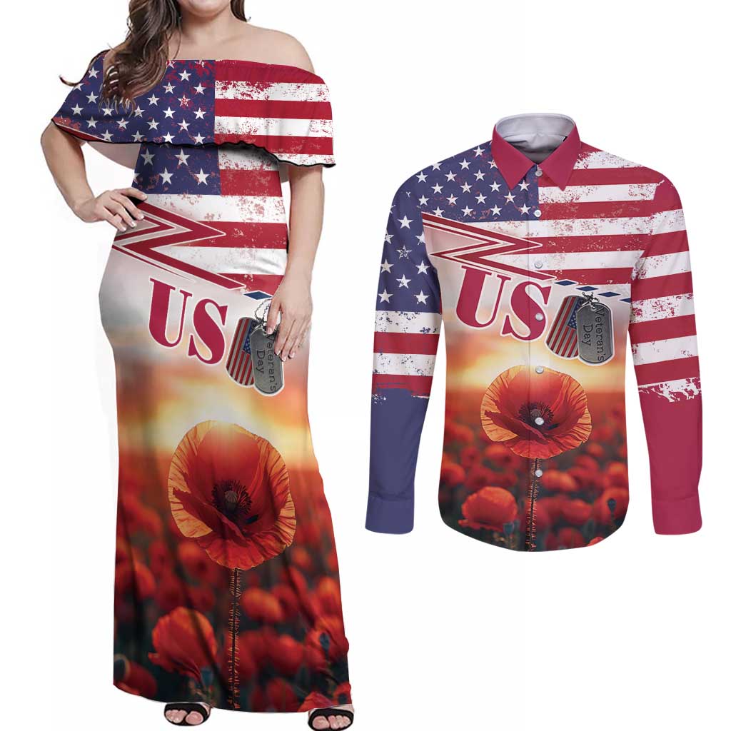 USA Veterans Day Couples Matching Off Shoulder Maxi Dress and Long Sleeve Button Shirt Poppy Flowers With Flag Grunge - Wonder Print Shop