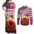 USA Veterans Day Couples Matching Off Shoulder Maxi Dress and Long Sleeve Button Shirt Poppy Flowers With Flag Grunge - Wonder Print Shop