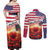 USA Veterans Day Couples Matching Off Shoulder Maxi Dress and Long Sleeve Button Shirt Poppy Flowers With Flag Grunge - Wonder Print Shop