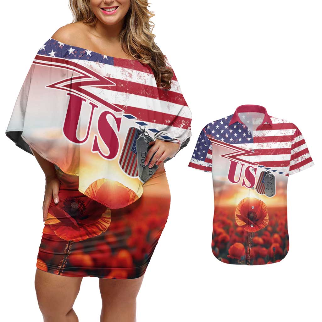 USA Veterans Day Couples Matching Off Shoulder Short Dress and Hawaiian Shirt Poppy Flowers With Flag Grunge - Wonder Print Shop