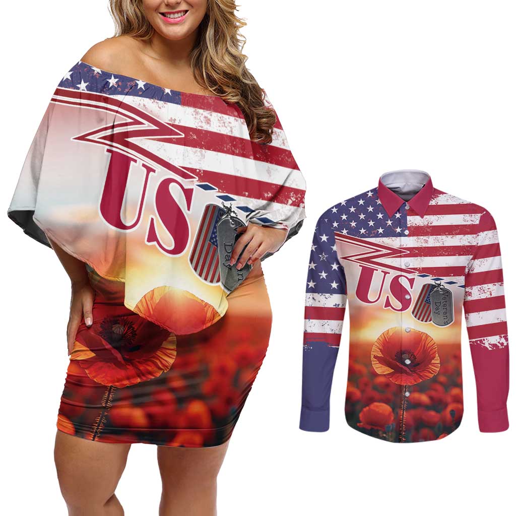 USA Veterans Day Couples Matching Off Shoulder Short Dress and Long Sleeve Button Shirt Poppy Flowers With Flag Grunge - Wonder Print Shop