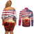 USA Veterans Day Couples Matching Off Shoulder Short Dress and Long Sleeve Button Shirt Poppy Flowers With Flag Grunge - Wonder Print Shop