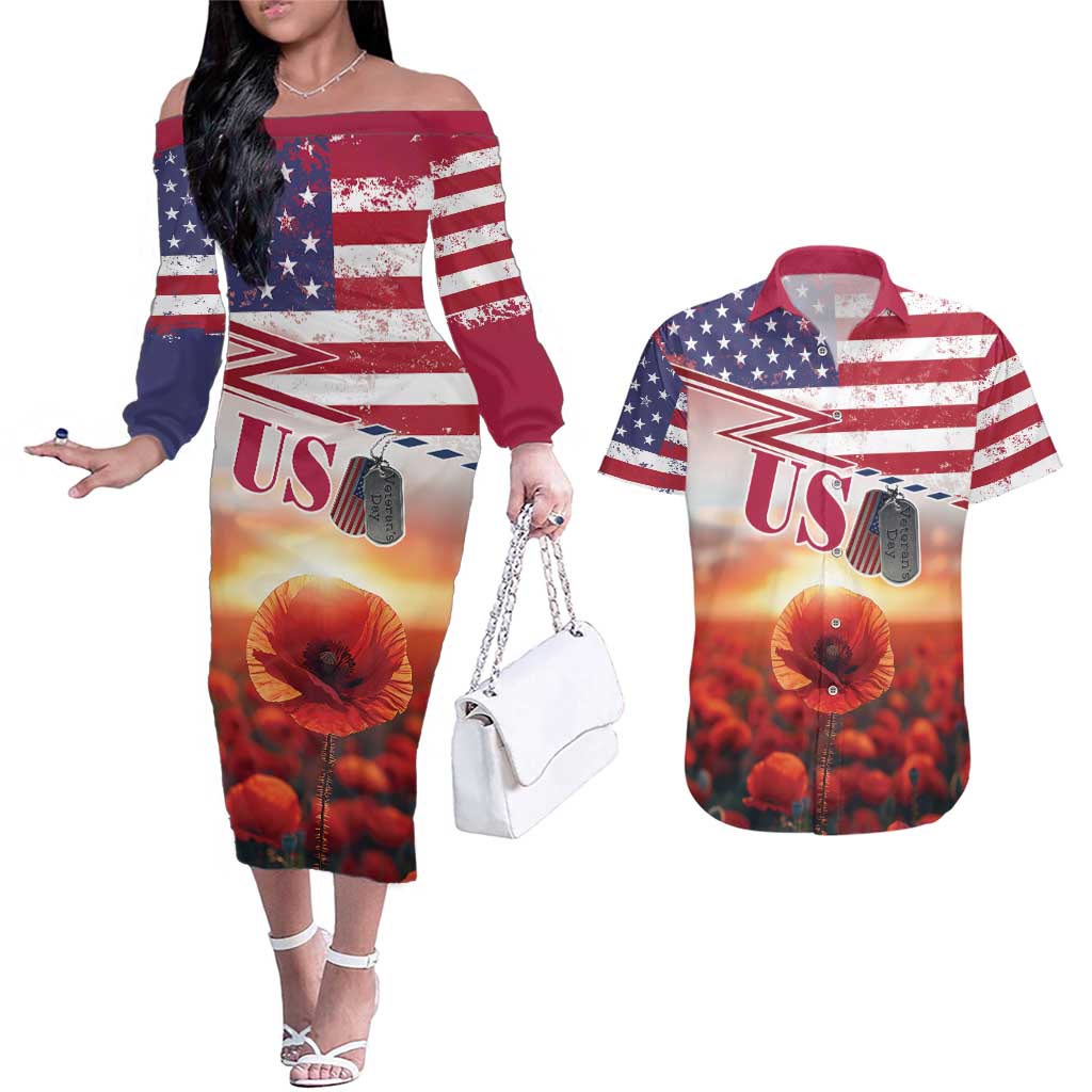 USA Veterans Day Couples Matching Off The Shoulder Long Sleeve Dress and Hawaiian Shirt Poppy Flowers With Flag Grunge - Wonder Print Shop