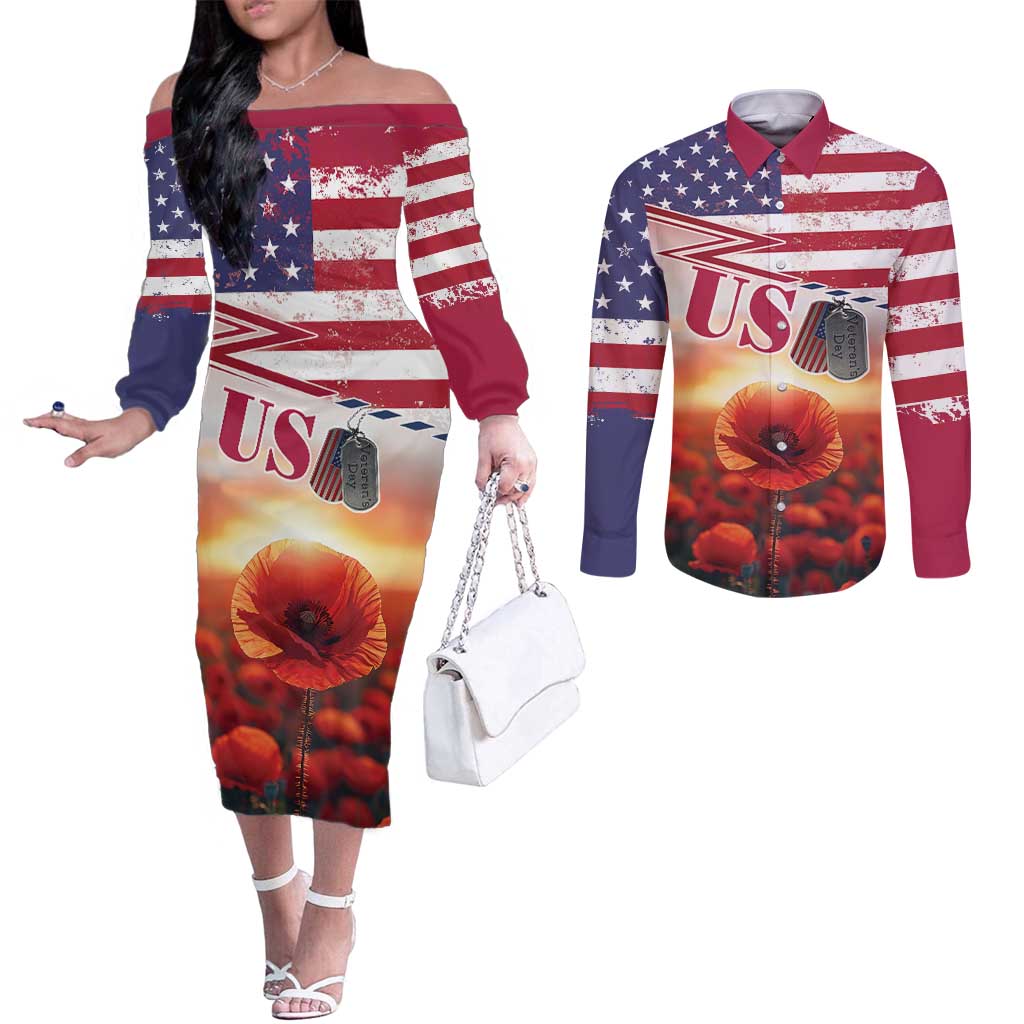 USA Veterans Day Couples Matching Off The Shoulder Long Sleeve Dress and Long Sleeve Button Shirt Poppy Flowers With Flag Grunge