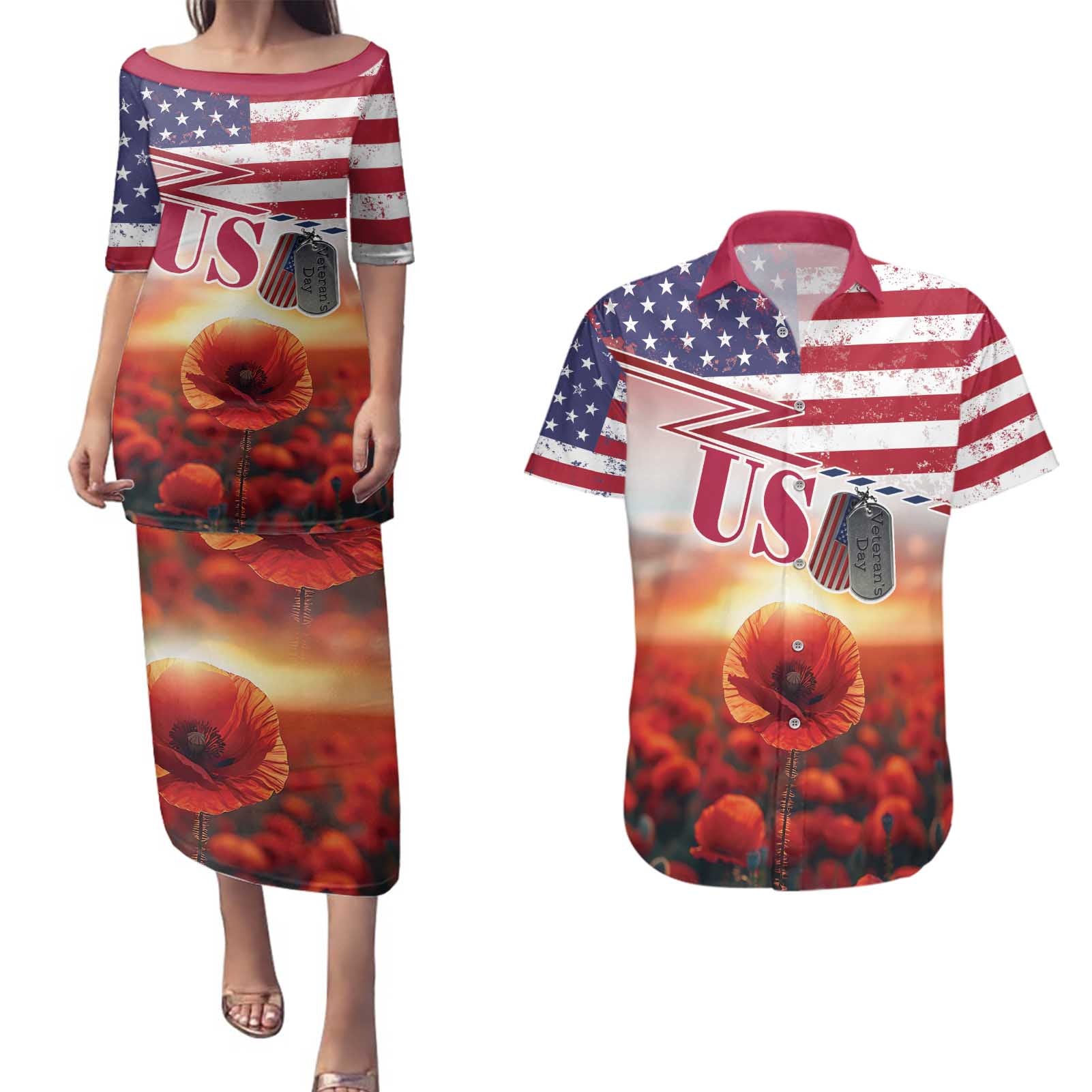 USA Veterans Day Couples Matching Puletasi and Hawaiian Shirt Poppy Flowers With Flag Grunge - Wonder Print Shop