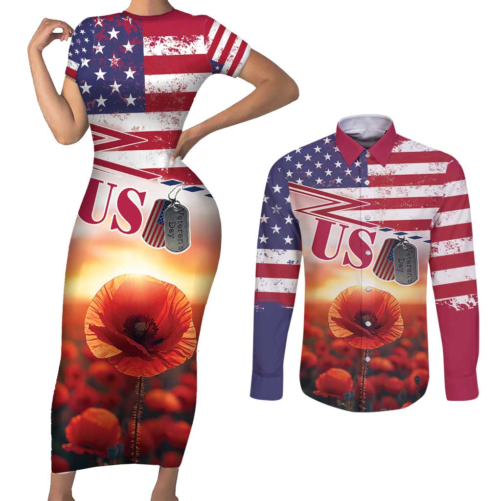 USA Veterans Day Couples Matching Short Sleeve Bodycon Dress and Long Sleeve Button Shirt Poppy Flowers With Flag Grunge - Wonder Print Shop