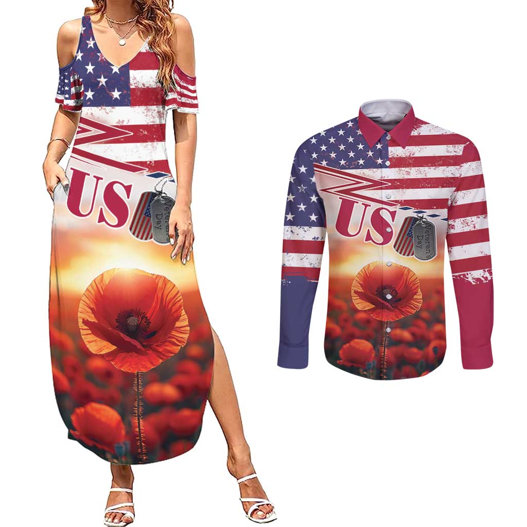 USA Veterans Day Couples Matching Summer Maxi Dress and Long Sleeve Button Shirt Poppy Flowers With Flag Grunge - Wonder Print Shop