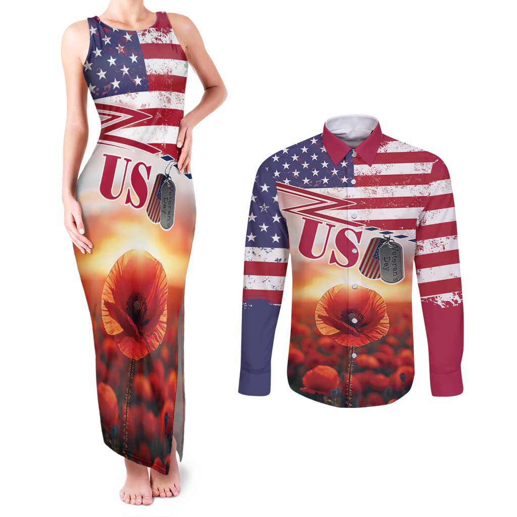 USA Veterans Day Couples Matching Tank Maxi Dress and Long Sleeve Button Shirt Poppy Flowers With Flag Grunge - Wonder Print Shop