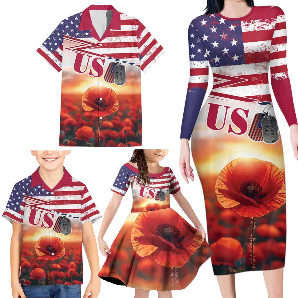 USA Veterans Day Family Matching Long Sleeve Bodycon Dress and Hawaiian Shirt Poppy Flowers With Flag Grunge - Wonder Print Shop