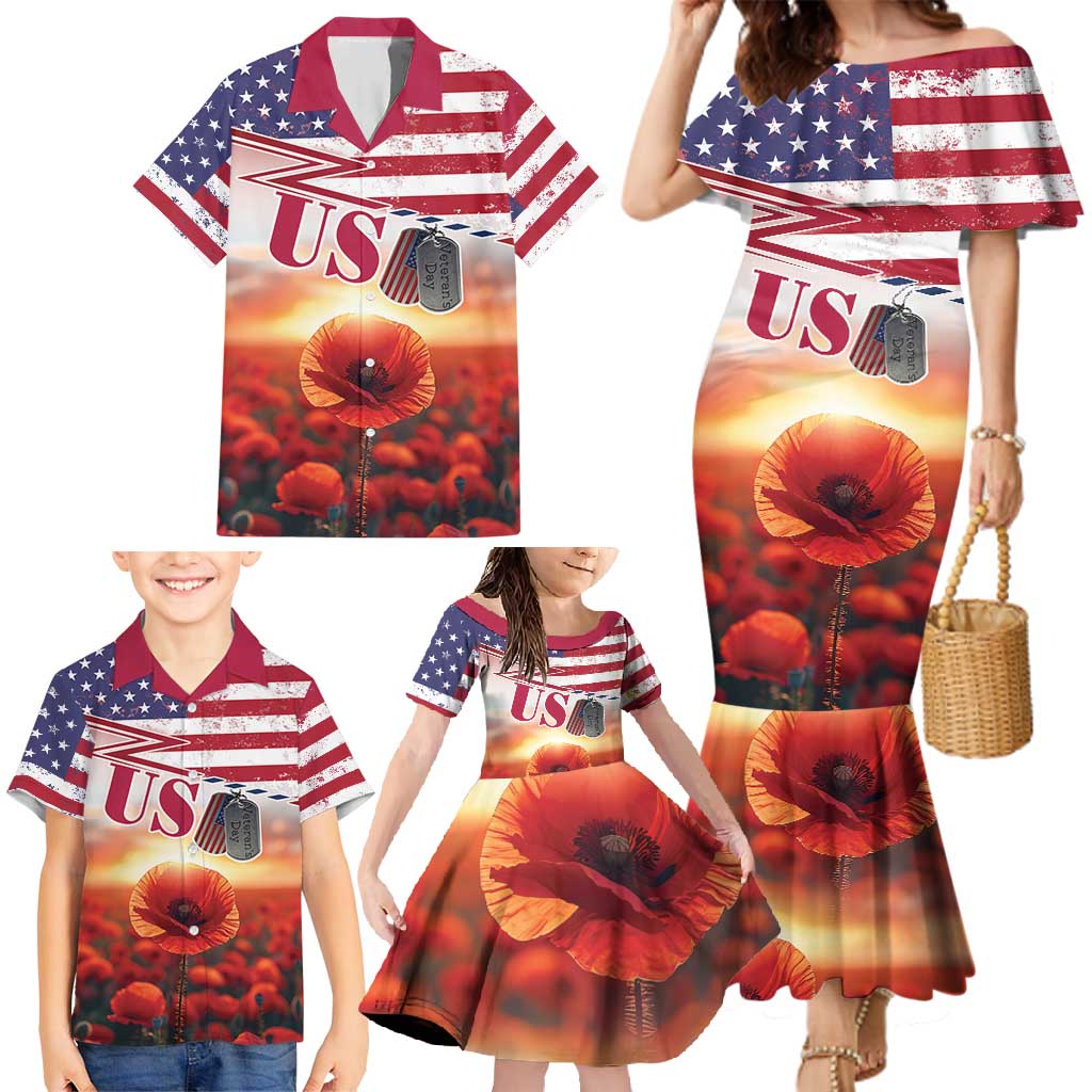 USA Veterans Day Family Matching Mermaid Dress and Hawaiian Shirt Poppy Flowers With Flag Grunge