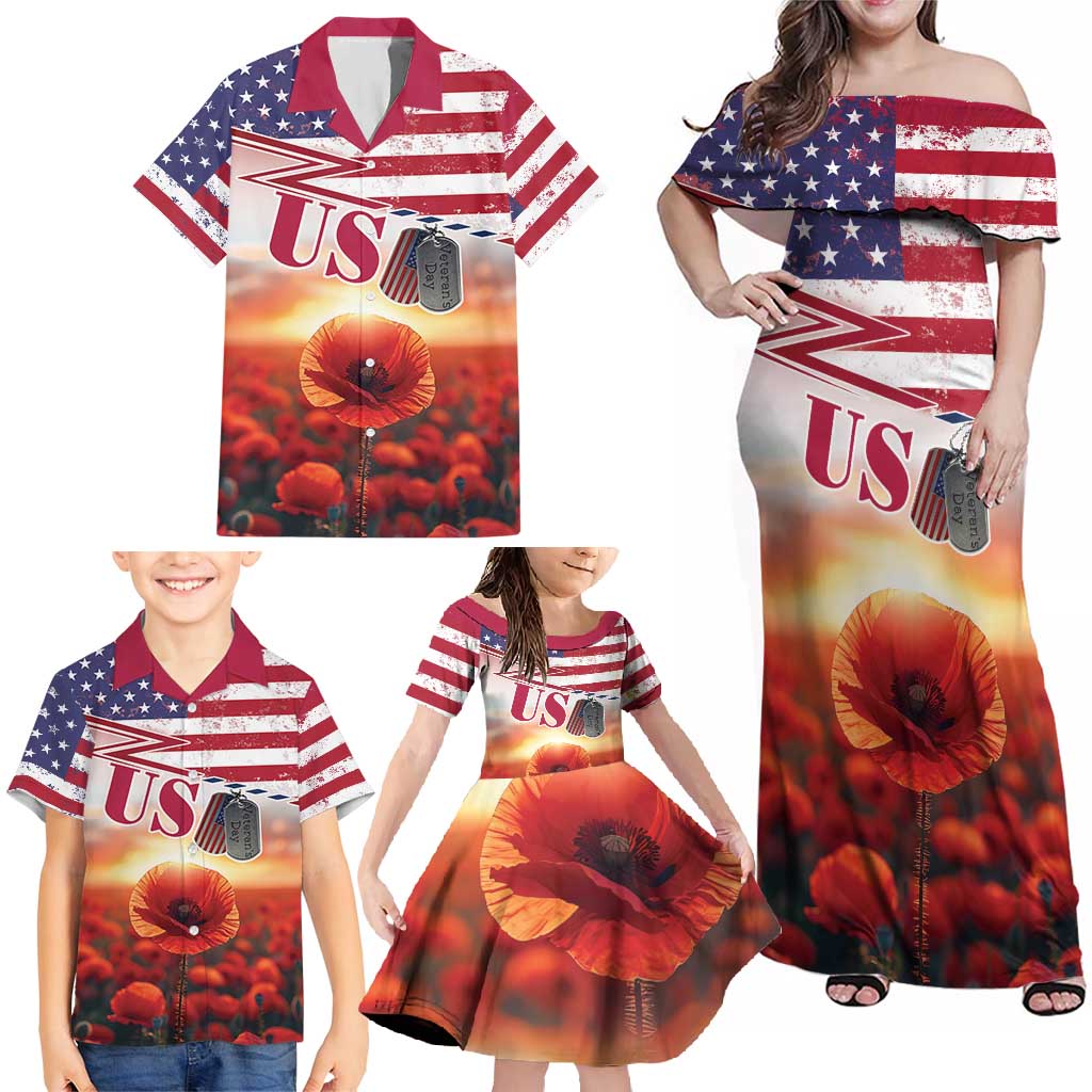 USA Veterans Day Family Matching Off Shoulder Maxi Dress and Hawaiian Shirt Poppy Flowers With Flag Grunge - Wonder Print Shop