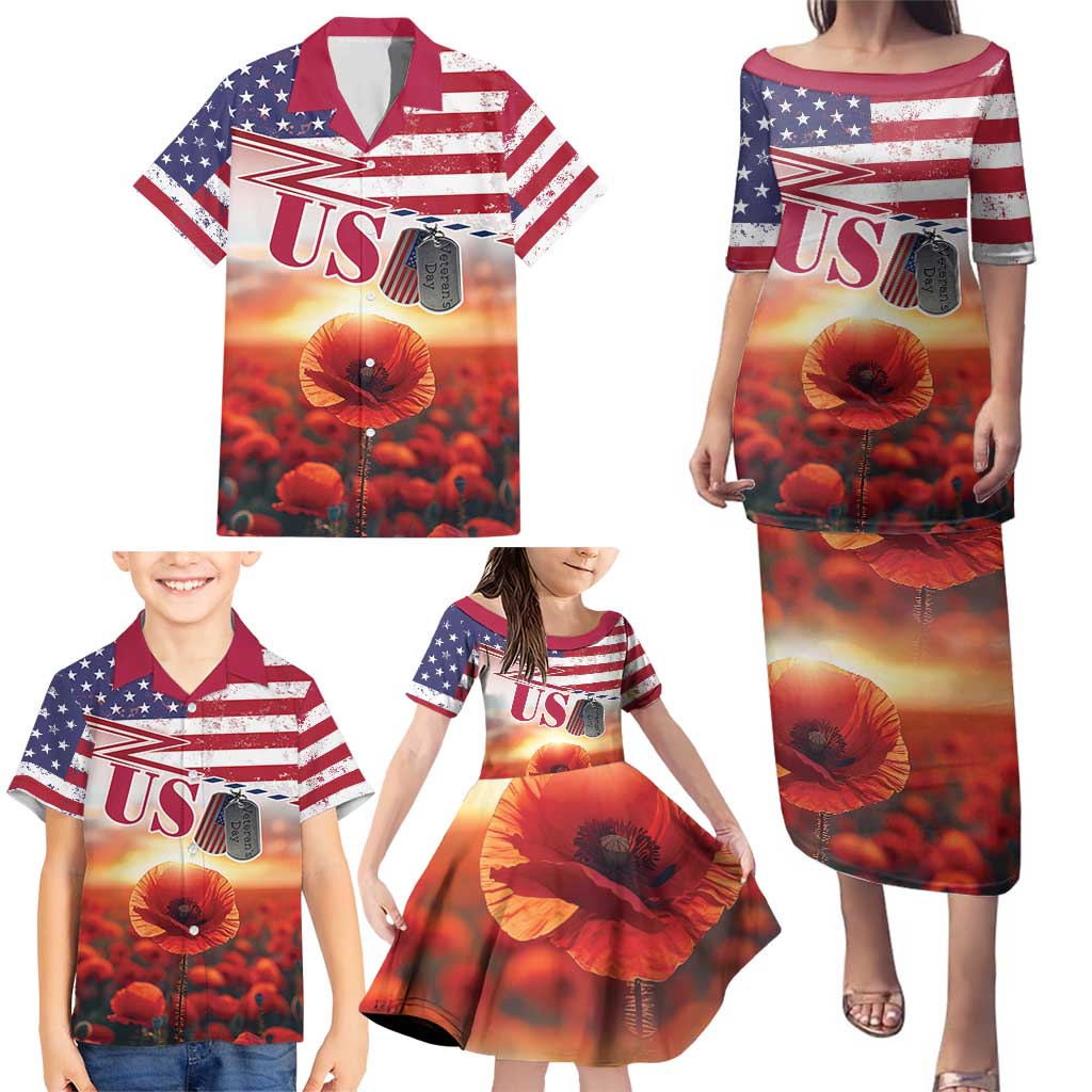 USA Veterans Day Family Matching Puletasi and Hawaiian Shirt Poppy Flowers With Flag Grunge