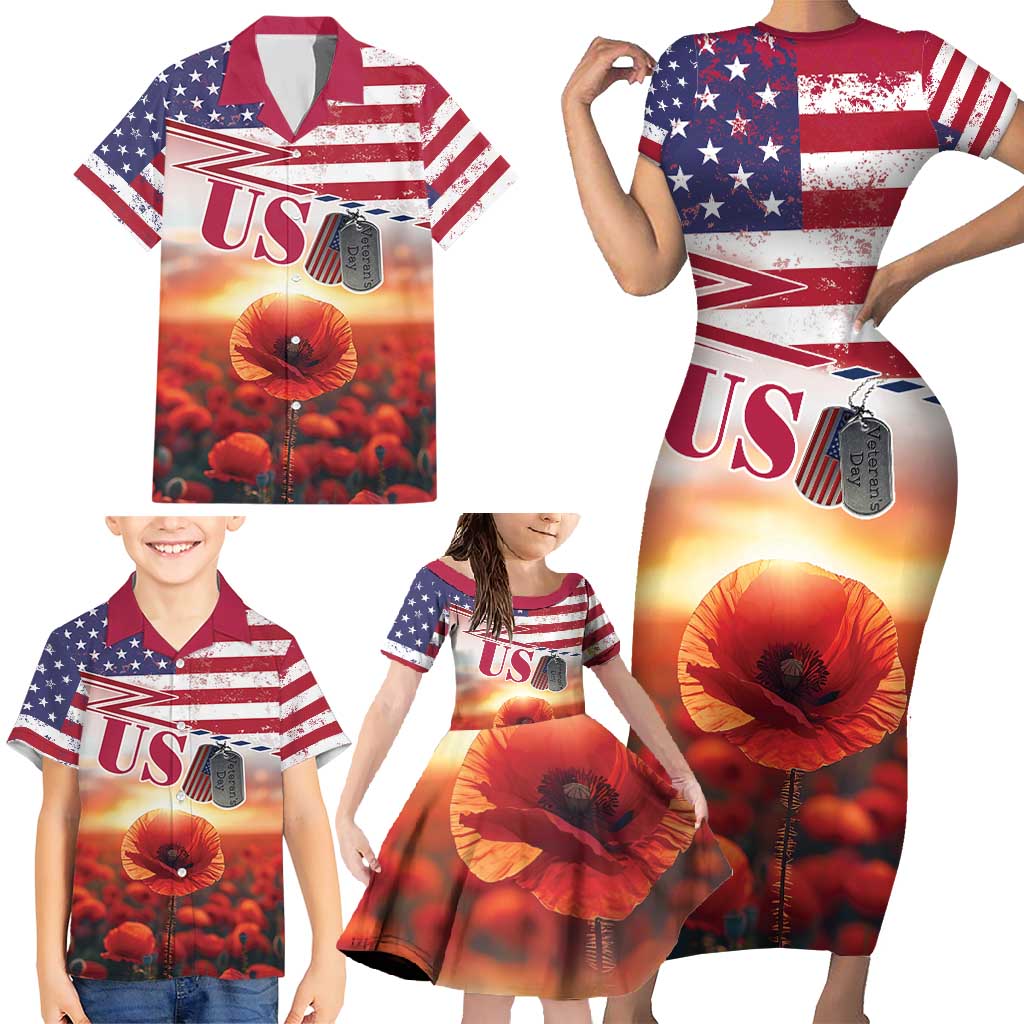 USA Veterans Day Family Matching Short Sleeve Bodycon Dress and Hawaiian Shirt Poppy Flowers With Flag Grunge