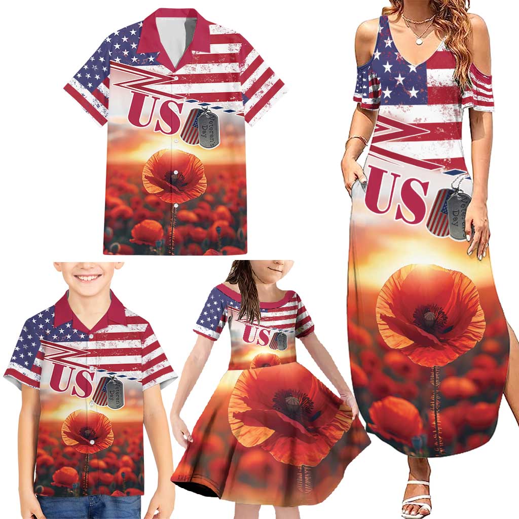 USA Veterans Day Family Matching Summer Maxi Dress and Hawaiian Shirt Poppy Flowers With Flag Grunge