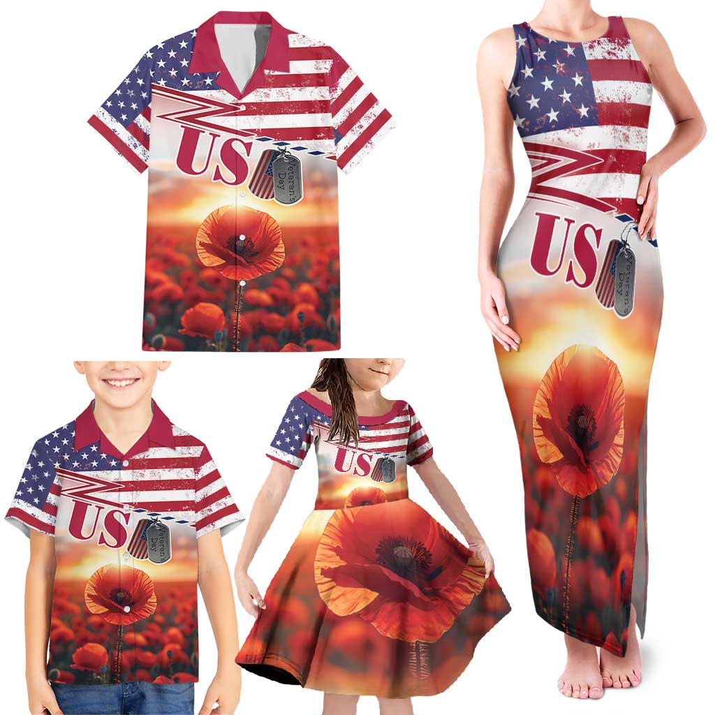 USA Veterans Day Family Matching Tank Maxi Dress and Hawaiian Shirt Poppy Flowers With Flag Grunge