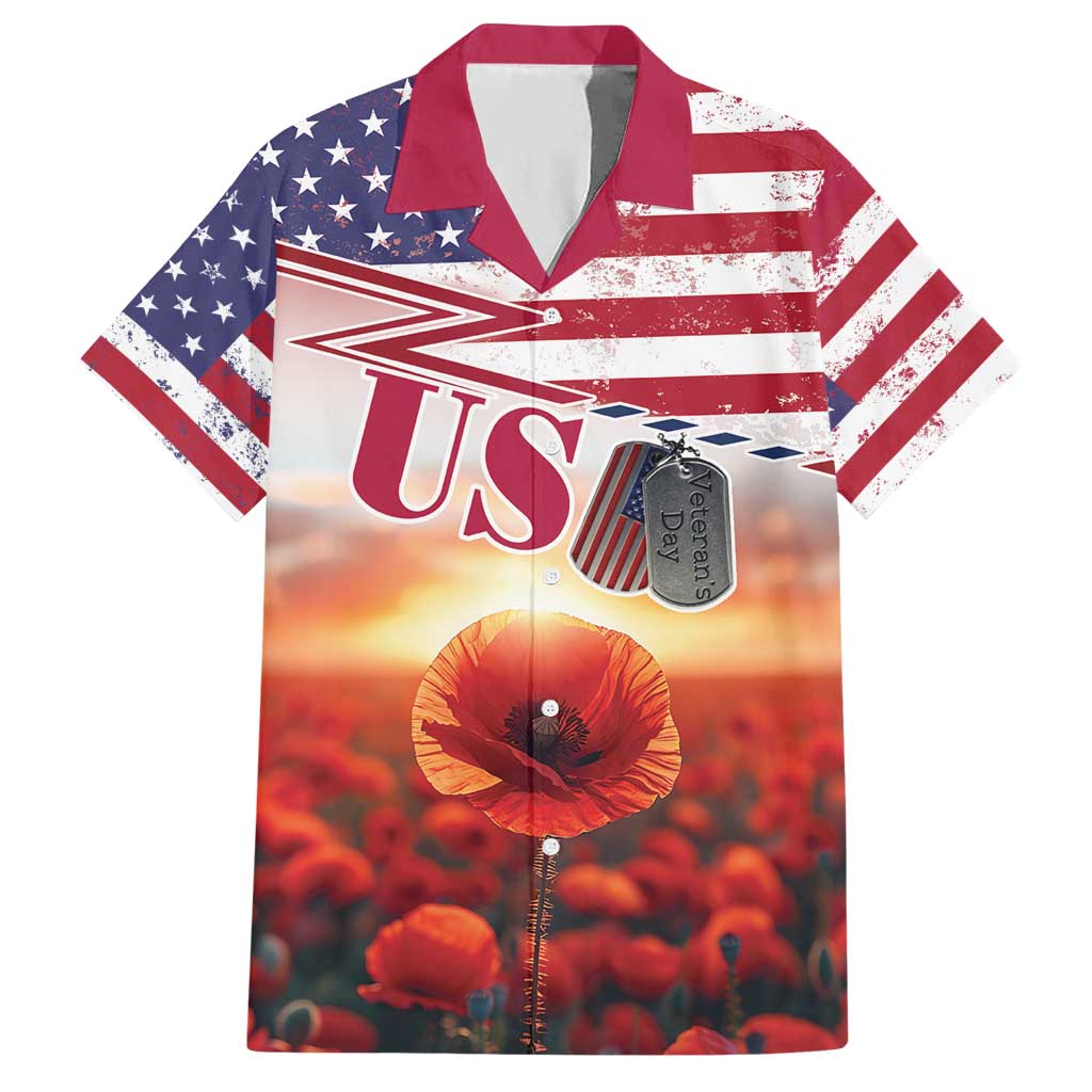 USA Veterans Day Hawaiian Shirt Poppy Flowers With Flag Grunge