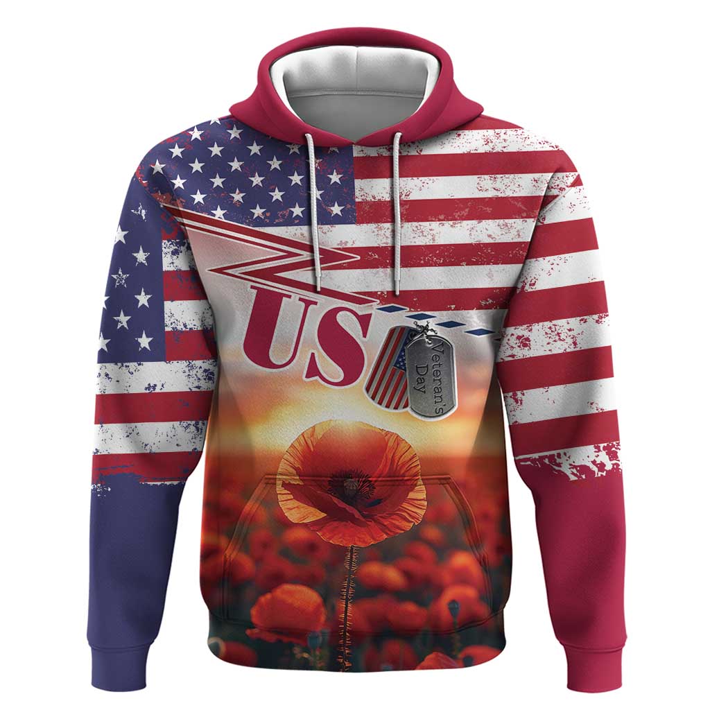 USA Veterans Day Hoodie Poppy Flowers With Flag Grunge