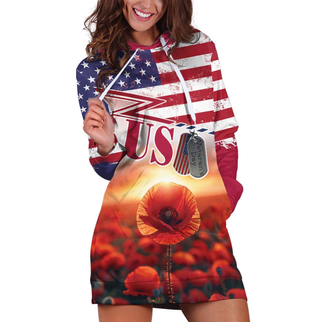 USA Veterans Day Hoodie Dress Poppy Flowers With Flag Grunge